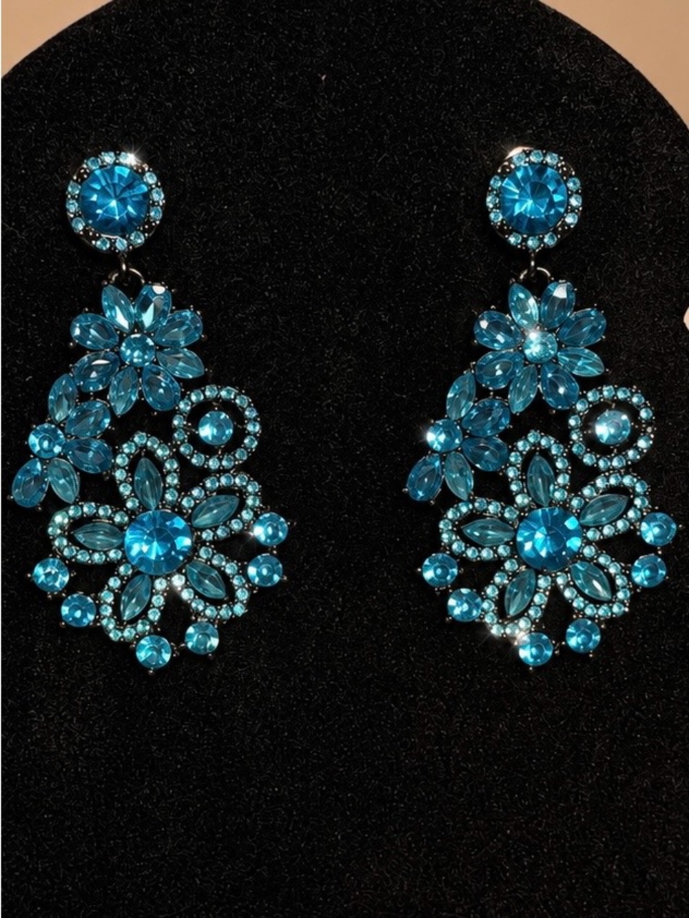 Teal Blue Crystal Dangle Statement Earrings